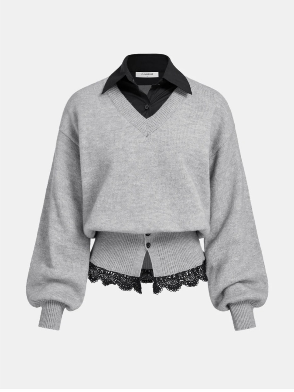 Commense Light Gray V-Neck Sweater with Black Lace Hem